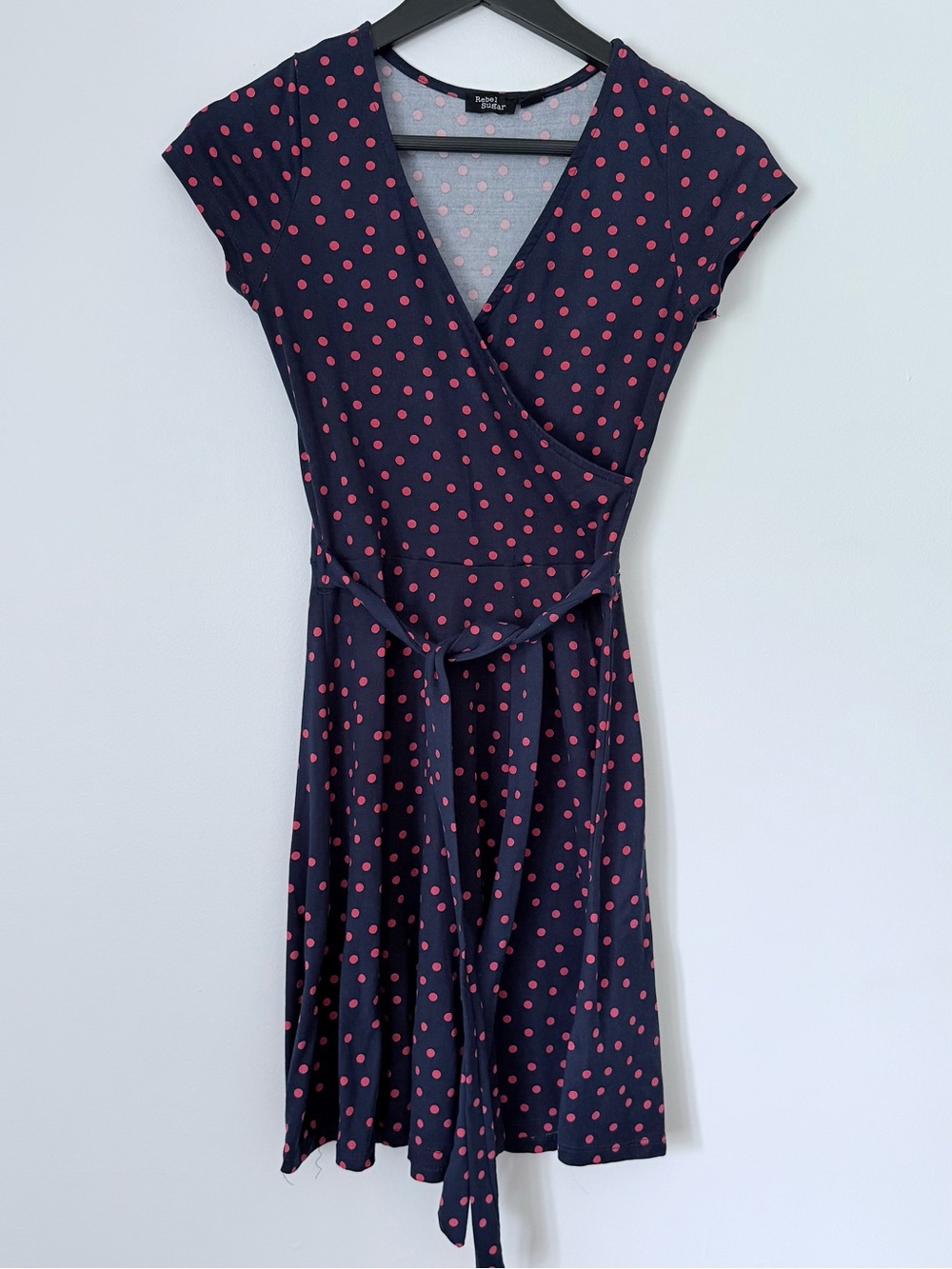 Rebel Sugar Navy Wrap Midi Dress with Pink Polka Dots SZ.S